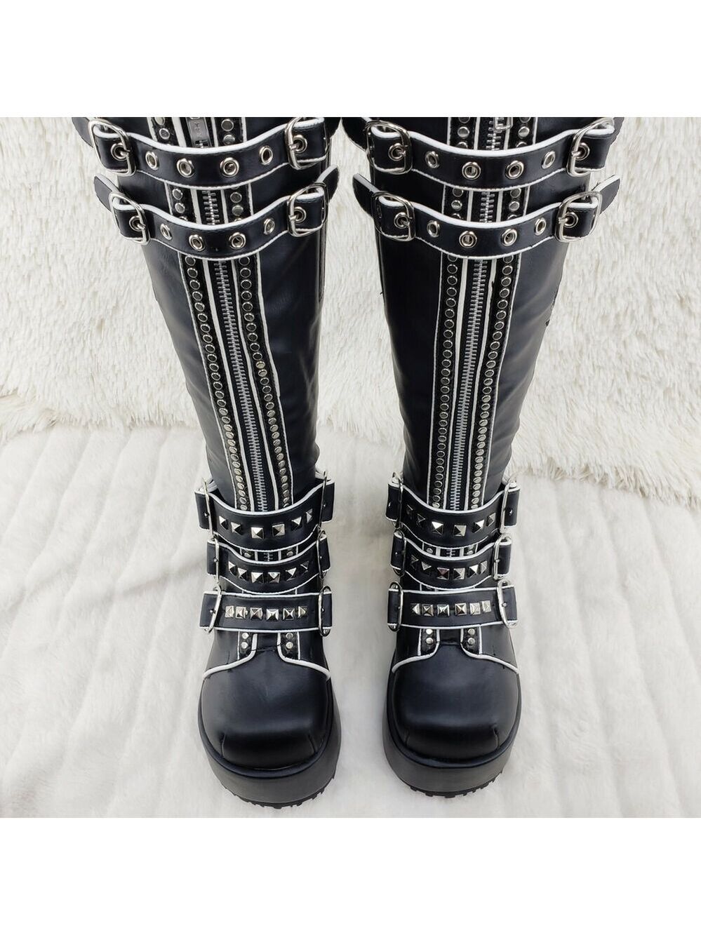 NIB DEMONIA Concord Black Platform Rose Goth Studded Knee Boots 4" Wedge - Picture 11 of 12